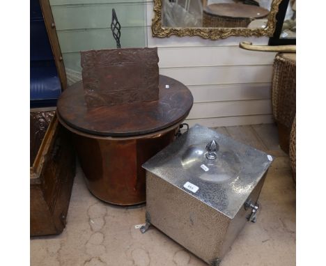 A 2-handled copper pot on feet, with wooden cover, a Vintage chrome coal box with liner, height 40cm, and a copper trivet 