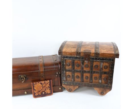 A small metal-bound hardwood dome-top sheesham trunk, and another modern trunk (2) 