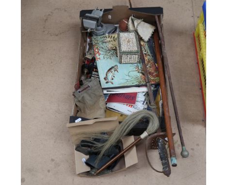 A box containing fly whisk, military ephemera, a swagger stick sword etc 