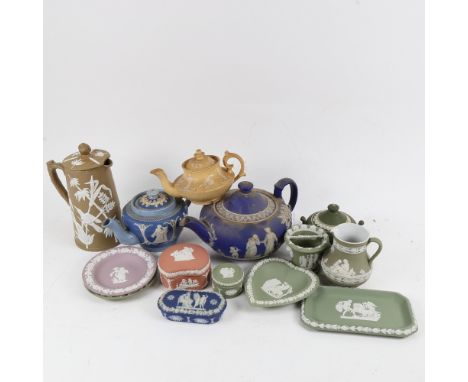 Wedgwood Jasperware items, a Dudson teapot, a Victorian teapot and stoneware hot water jug etc.The dark blue Jasper teapot ha