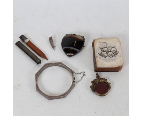 Various jewellery and silver, including heart-shaped banded agate pendant/brooch, gilt-metal swivel fob seal, silver bullet b