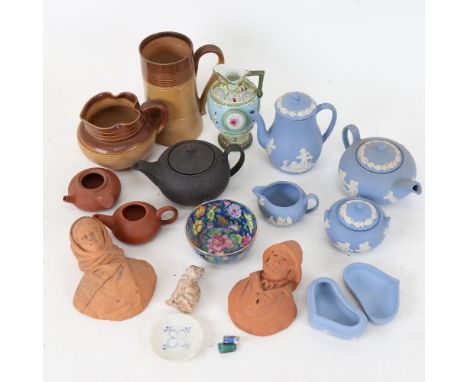 Various miniature items, including Wedgwood Jasperware tea set, stoneware jug, clay teapot etc (boxful) 