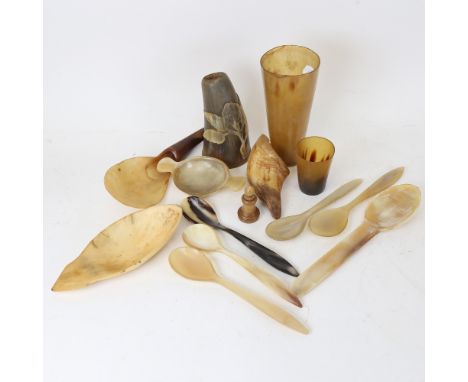 A group of horn spoons, beaker, flask etc 