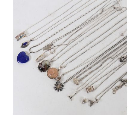 14 Danish silver pendant necklaces, stones include lapis lazuli, marine ivory, enamel etc 
