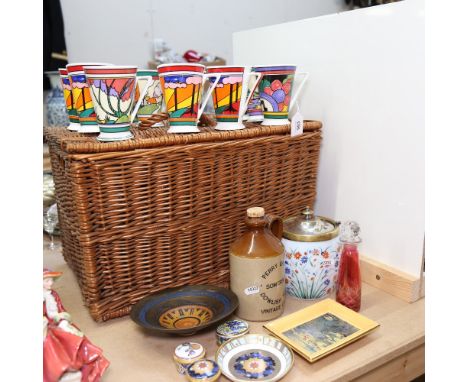 A set of mugs, a wicker hamper, Royal Worcester pillboxes etc 