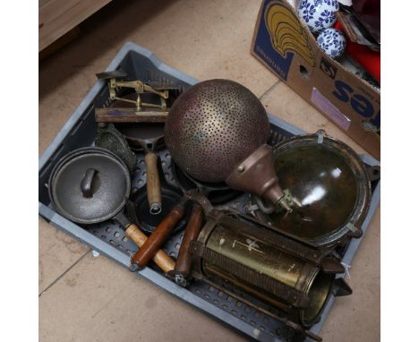 A bulkhead lamp, a lantern, a companion set stand, cast-iron pans etc 