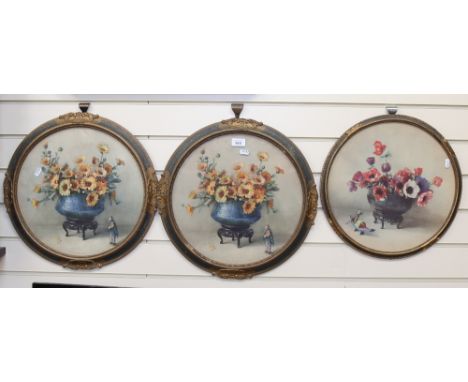 2 Vintage floral prints in ornate embossed frames, 45cm, and a smaller circular Oriental design floral study 