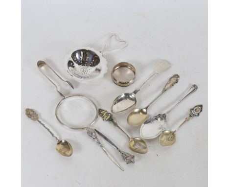 Various silver, including heart-handled tea strainer, Danish torque bangle, spoons etc, 5oz total.All pieces are in overall g