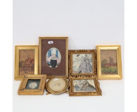 A group of miniature pictures, including watercolour on ivory, portrait of a gentleman, miniature watercolour of a child, in 