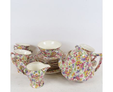 James Kent Limited "Du Barry" chintz tea service for 6 people, including side plates and milk jug. The Teapot is in good over