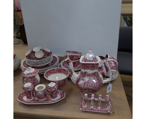 Masons pink and white Vista pattern tea and breakfast ware, including egg cups and toast rack.The lot contains:5 x 22cm soup 
