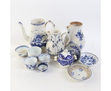 Various 18th and 19th century blue and white porcelain, including Worcester chinoiserie saucer, teapot, tea bowls, sugar bowl