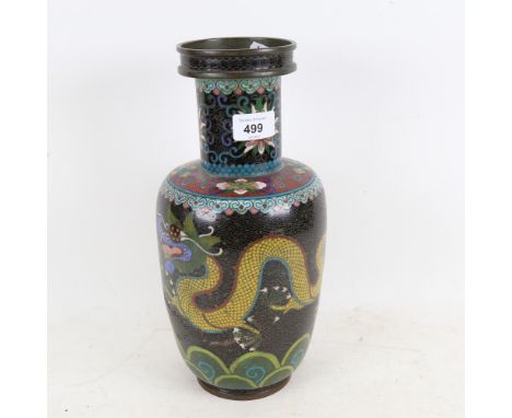 A black ground cloisonne enamel vase with dragon detail, height 32cm (some damage visible) 