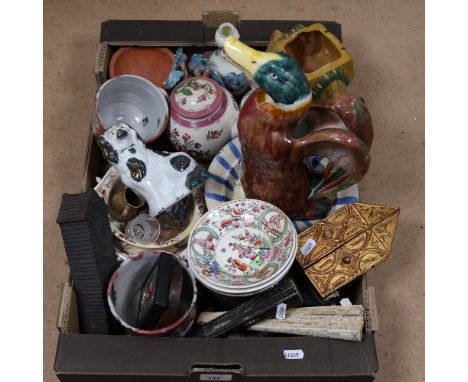 A quantity of ceramic items, including a Staffordshire dog, a teapot, religious icons, fan etc 