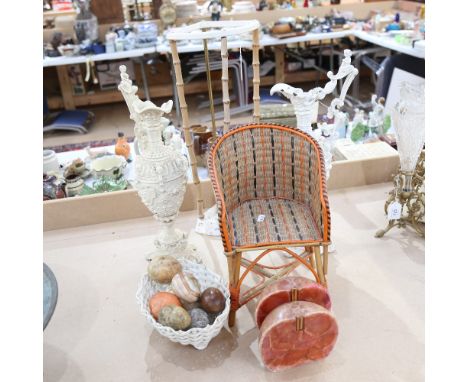 A stick stand, a pair of painted cast-iron ewers, 45cm, A Vintage wicker doll's chair, hardstone eggs etc 