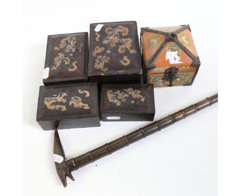 A graduated set of 4 Chinese gilded and lacquered papier mache boxes, a resin jewel box, and a horn walking stick, largest bo