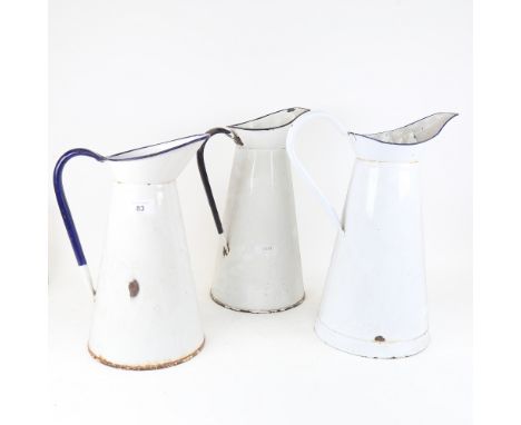 3 large blue and white enamel water jugs, largest height 36cm (3) 