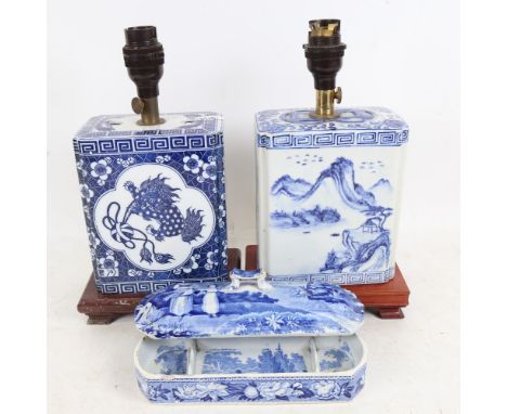 2 Chinese blue and white porcelain rectangular table lamps on hardwood stands, height 26cm, and a porcelain blue and white bo