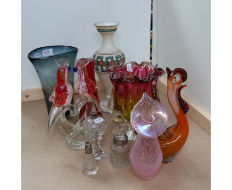 Various Art glass, including heavy Czechoslovakian crystal pink and yellow vase, dressing table jars, bird ornaments etc 