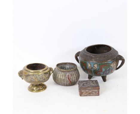 Various Oriental items, including cloisonne enamel censer, small Japanese Aesthetic Movement copper and brass basket, small s