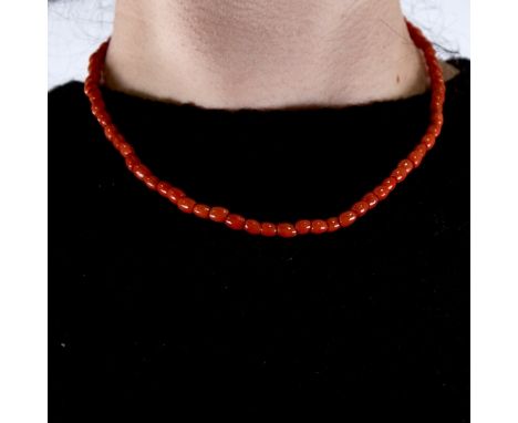 A Vintage single-strand ceramic bead necklace, with Continental silver marcasite clasp, necklace length 42cm, 14.8g 