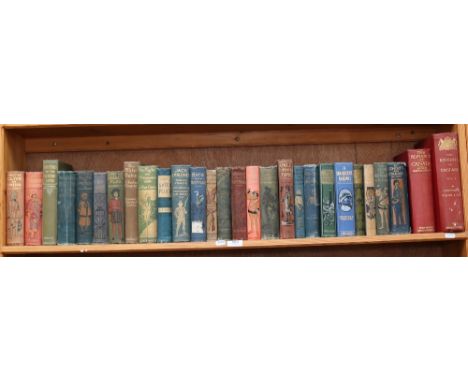 A shelf of Vintage hardback novels, including G A Henty, and Charles W Whistler 
