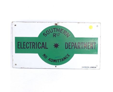 A vintage white and green enamel railway sign "Southern Rly Electrical Department No Admittance", Garnier. London. Length 43c