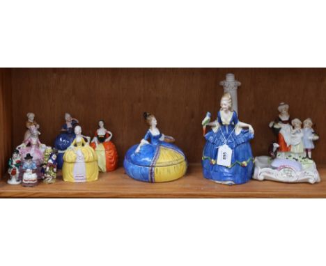 Vintage china boxes modelled as crinoline ladies, and similar lamp base, height 23.5cm, soap dish etc 