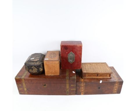 2 Victorian writing slopes (A/F), a straw work box, a box with inlaid shell motifs, tea caddy etc 