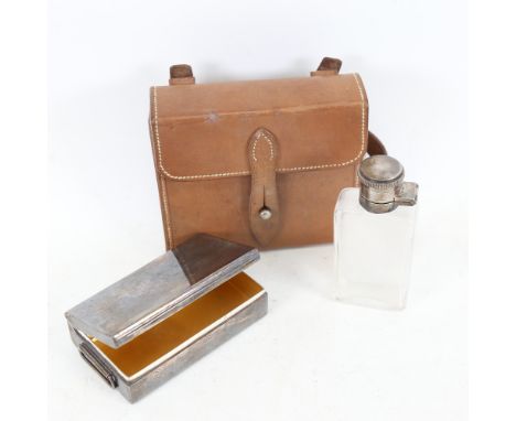 An early 20th century leather-cased silver plated hunting sandwich box and glass flask set, box with gilt interior, case 11cm