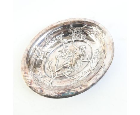 An Art Nouveau silver plated oval bowl, relief embossed lady in tree branches decoration, 29cm x 23cm 
