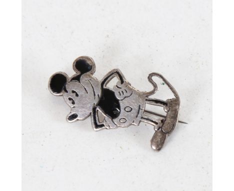 An Art Deco unmarked sterling silver Mickey Mouse brooch, by Charles Horner, height 3cm, 3g 