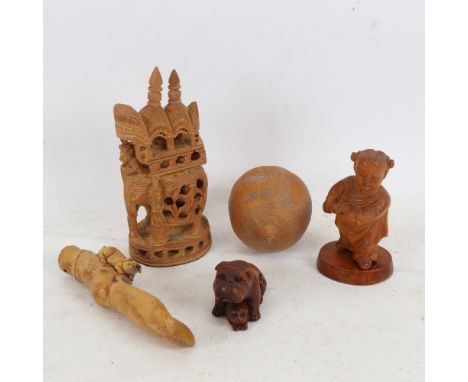 Various Japanese wood carvings, including Bulldog and puppy netsuke, pig spoon etc (5) 