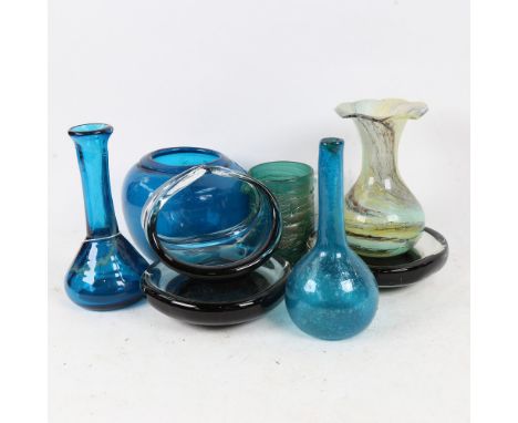 A group of Art glass, including a blue Mdina vase, 15cm, a jug with gilded decoration, a pair of dishes etc 