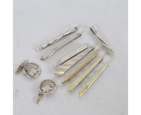 8 Danish silver tie clips, various makers, and a pair of Continental silver cufflinks 