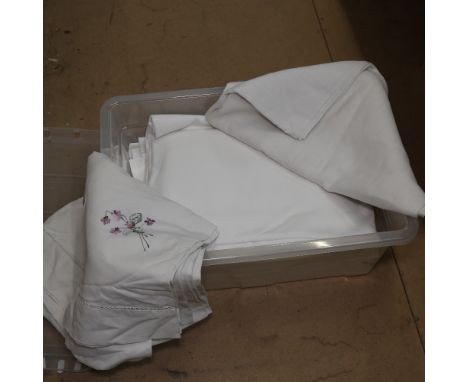 A box with embroidered table cloth, monogrammed bed linen etc 