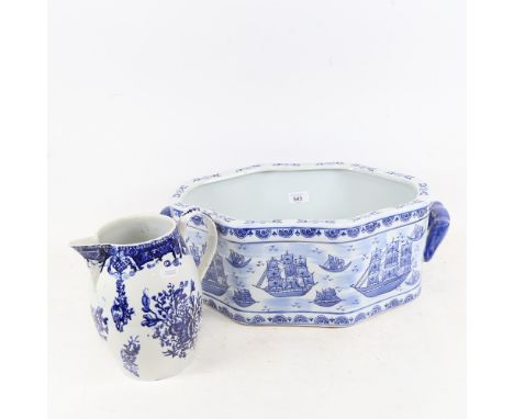 A large blue and white ceramic wash basin, and a 19th century Worcester jug, height 19cm (2) 