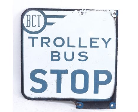 A white double-sided enamel sign "BCT Trolley bus stop", height 30cm, width 32cm 