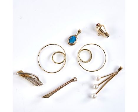 Various Danish 14ct gold jewellery, including black opal pendant, pearl brooch, pair of hoop earrings etc, opal pendant heigh