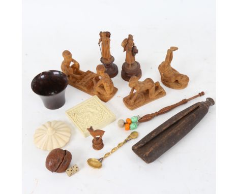 Various African carved wood figures, Bakelite beaker, bobbin, novelty walnut dice case etc (boxful) 