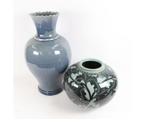 A Japanese ceramic pot with foliate decoration, and a blue glazed baluster vase, 42cm.The green round vase is in good conditi