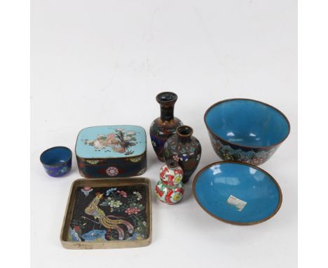 Various Oriental cloisonne enamel brass items, including miniature vases, box and cover, bowls etc, largest vase height 9cm. 