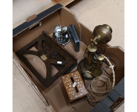 Various collectables, including figural dog's head inkwell, candlestick dial telephone, ballot box etc (boxful) 