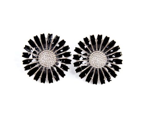 GEORG JENSEN - a Vintage pair of Danish stylised sterling silver and black enamel daisy pattern clip-on earrings, earring dia