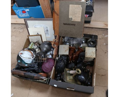 2 boxfuls of items, including ebony elephants, a candlestick, ornaments and prints.The largest elephant is missing its tusks 
