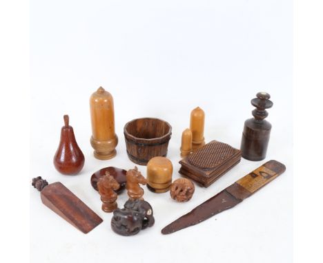 A group of miniature treen items, including acorn boxes, Japanese rat and mushroom netsuke, snuffbox design Vesta case, doors