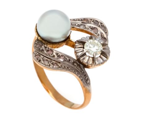 Naturperlen-Altschliff-Diamant-Ring GG 750/000 ungest., gepr., antiker Goldschmiedering Naturperle 7 mm, einem Altschliff-Dia