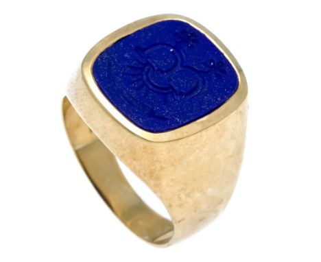 Wappen-Ring GG 333/000 mit einer geschnitzten blauen Platte 14,9 x 13,0 mm, RG 60, 8,8 g