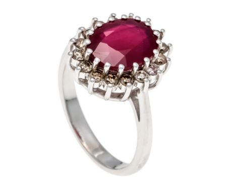 Rubin-Brillant-Ring WG 585/000 mit einem oval fac. Rubin 3,14 ct und Brillanten, zus. 0,50 ct fancybrown/PI1-2, RG 54, 4,7 g,