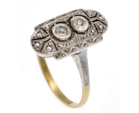 Art Déco Ring GG/WG 585/000 mit 2 Achtkant-Diamanten, zus. 0,02 ct get.W/SI, RG 53, 2,5 g